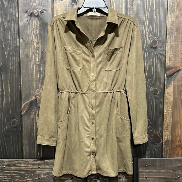 Boutique Mini Dress L Long Sleeves Utility Button Front Roll Tab Cuff Green - Picture 1 of 9